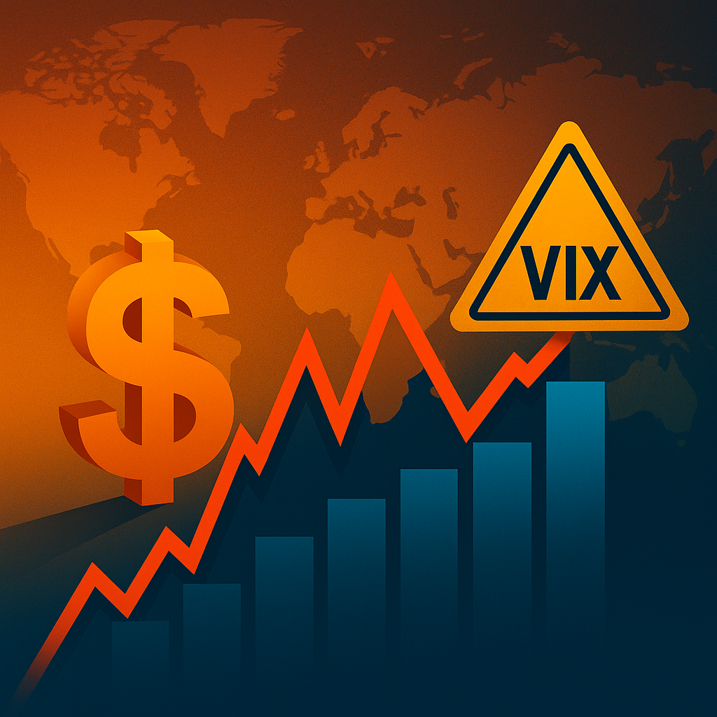 Symbolic illustration featuring a large dollar sign, a red jagged stock chart line, a rising blue bar graph, and a triangular caution symbol marked "VIX" against a world map background.