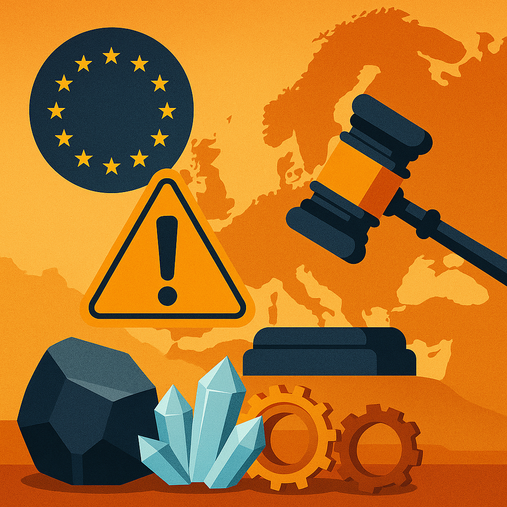 Symbolic illustration of a warning sign, gavel, metallic ore, crystal minerals, and gears overlaid on a map of Europe, with the EU flag in the corner.