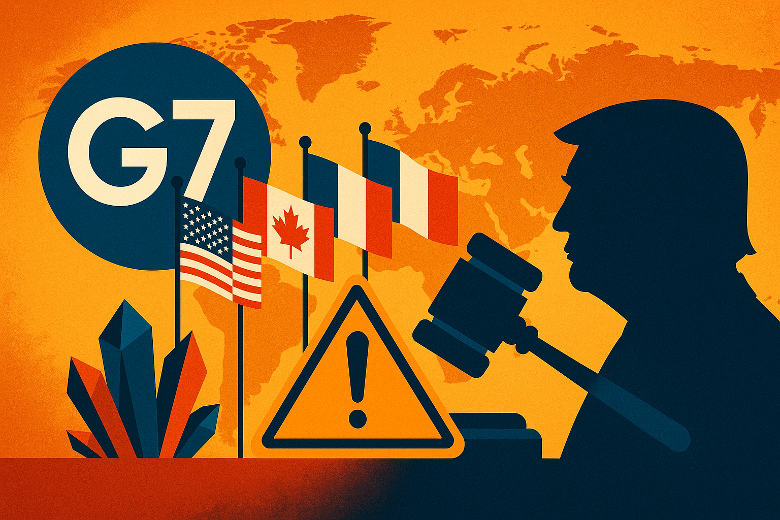 Illustration showing G7 logo, national flags, a world map, a caution triangle, a judge’s gavel, and the silhouette of a political leader to symbolize global political tension.