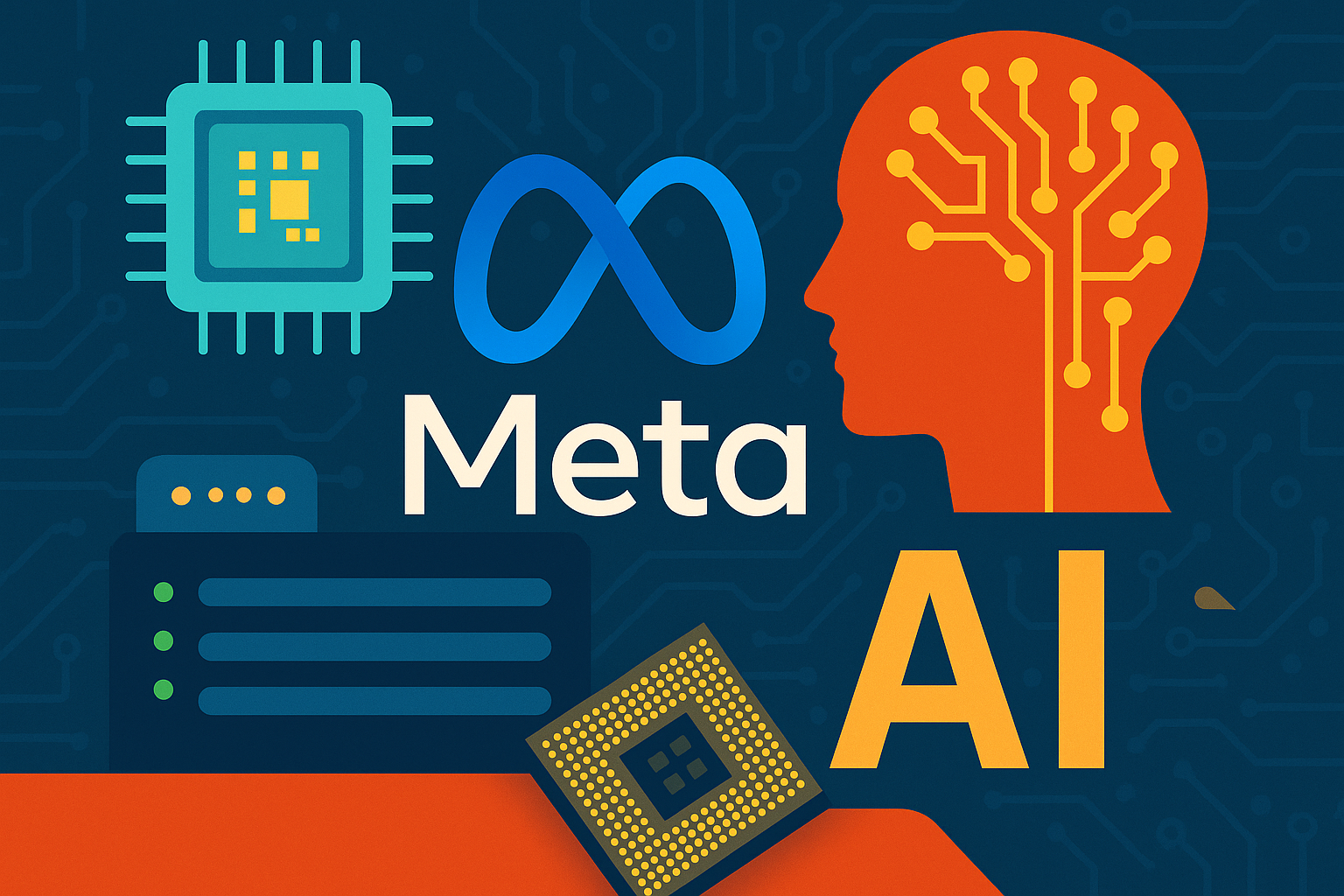Illustration featuring Meta's logo, a glowing circuit-brain inside a human head, microchips, and AI hardware symbols set against a digital background.