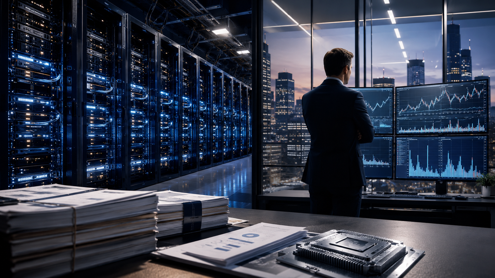 A business professional stands in a modern office overlooking a city skyline, viewing financial charts on multiple monitors beside a large data center filled with illuminated server racks.
