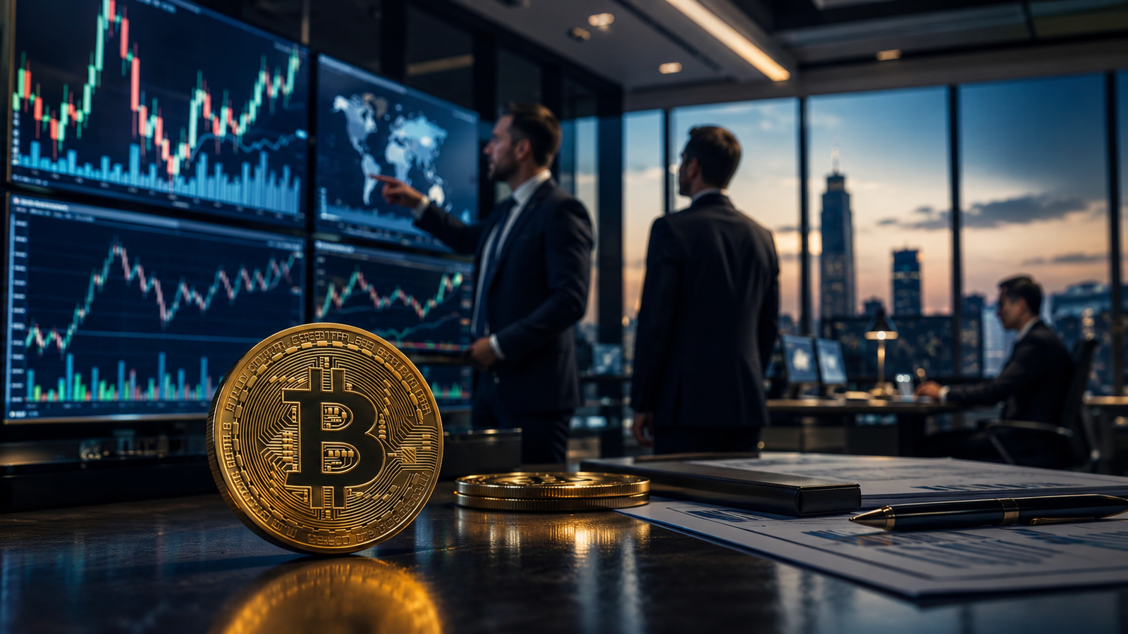 A gold Bitcoin coin sits on a polished trading desk in a modern financial office, with institutional investors reviewing market charts on large screens in the background.