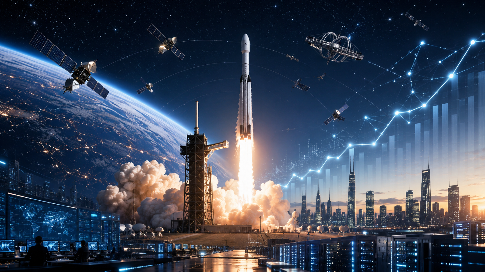 Photorealistic rocket launch with satellites, orbital data networks, city skyline, and financial growth visuals representing space, AI, and infrastructure investment.