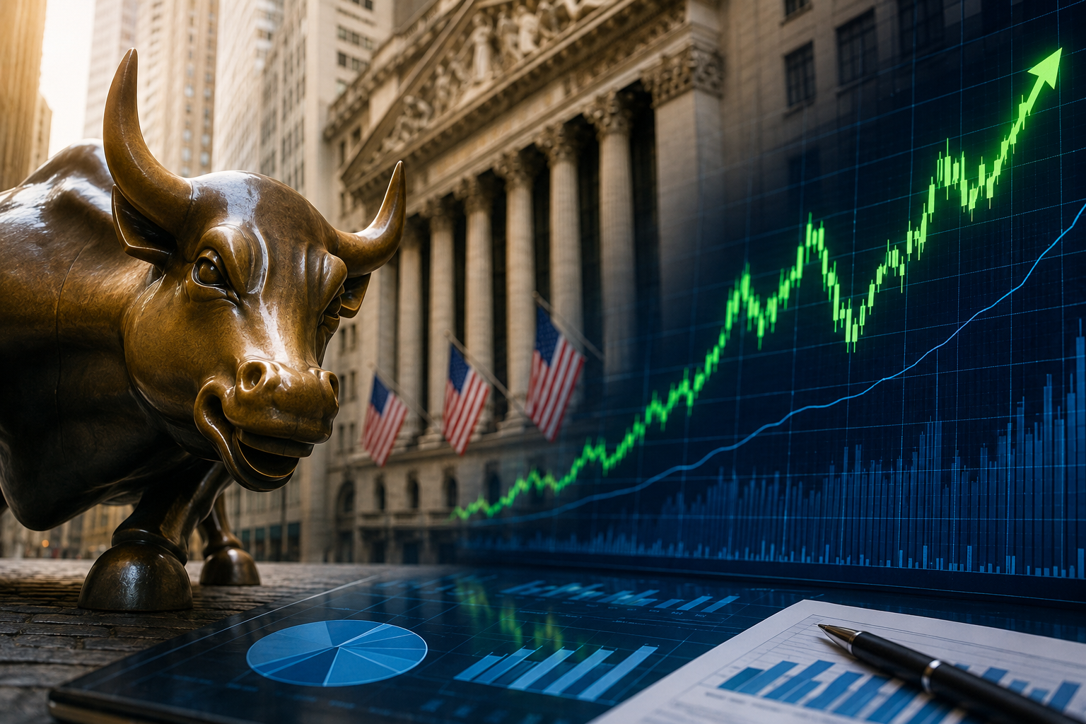 Photorealistic Wall Street scene with a bronze bull statue, stock exchange building, American flags, and glowing upward market charts symbolizing stronger S&P 500 earnings outlook.