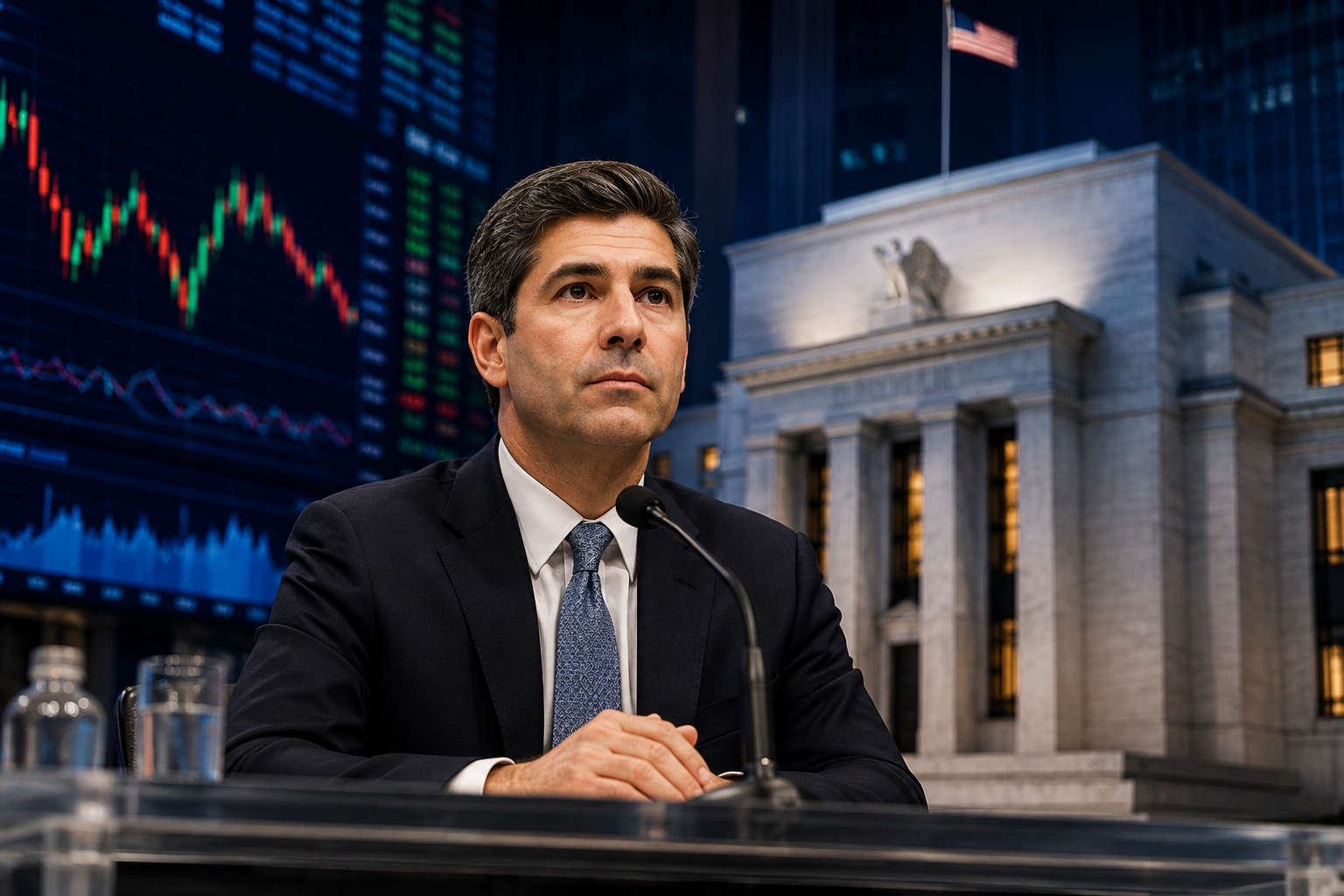 Photorealistic financial news image showing a Federal Reserve-style press conference scene with market charts, a formal central bank building, and an American flag, symbolizing investor focus on monetary policy.