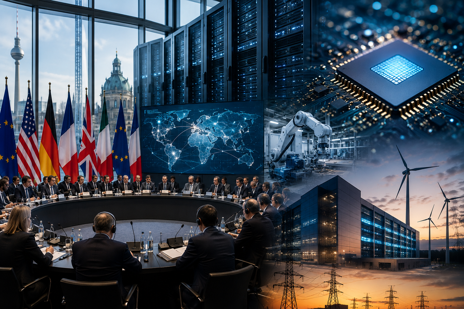 Photorealistic news image showing global leaders in a European technology summit with data centers, semiconductor chips, digital network maps, and energy infrastructure symbolizing the worldwide AI infrastructure race.