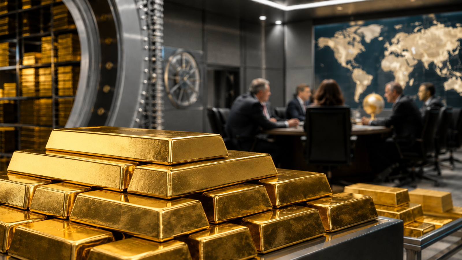 Photorealistic image of stacked gold bars inside a secure vault, with central bank officials meeting in the background and a world map symbolizing global reserve diversification.
