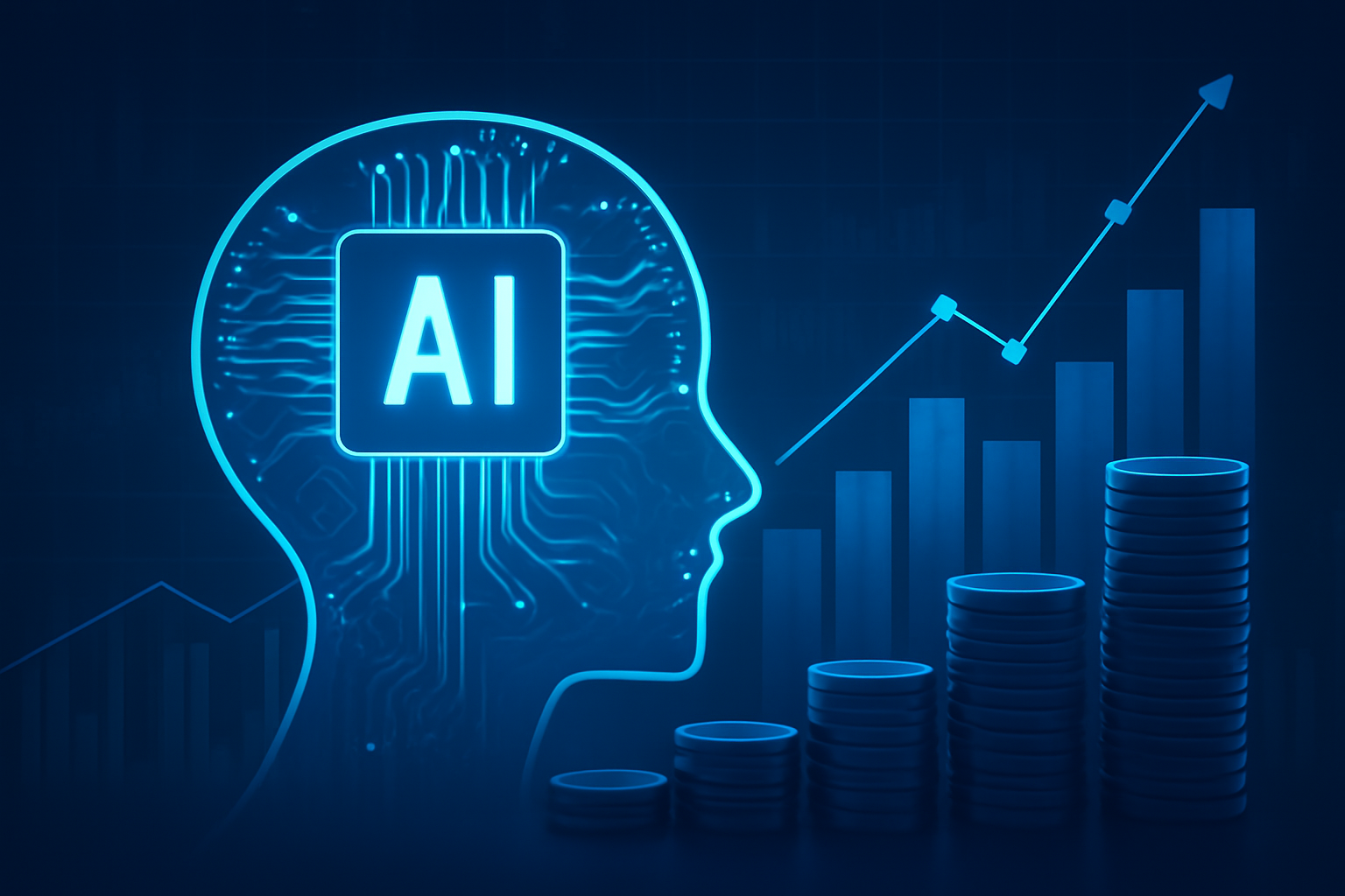 A glowing human profile representing AI's growing role in investor strategies, with financial symbols and bar charts symbolizing market growth.