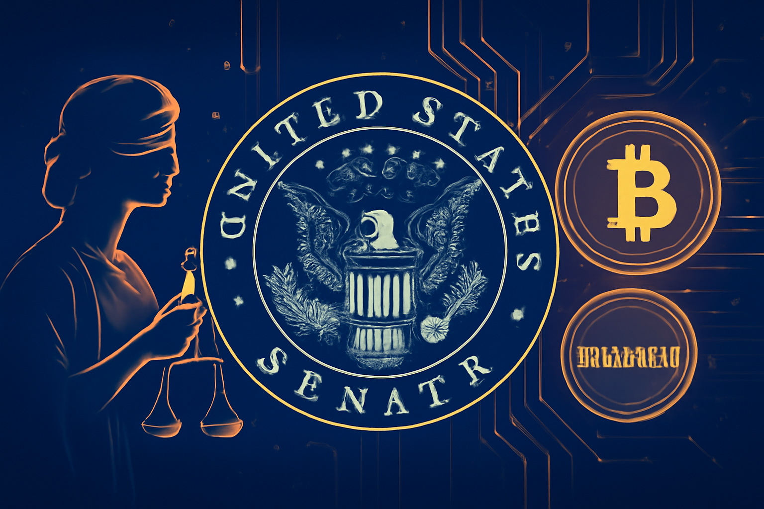 A digital illustration representing the U.S. Senate's involvement in cryptocurrency regulation, symbolized by Lady Justice, the Senate emblem, and Bitcoin and stablecoin symbols linked by circuitry.