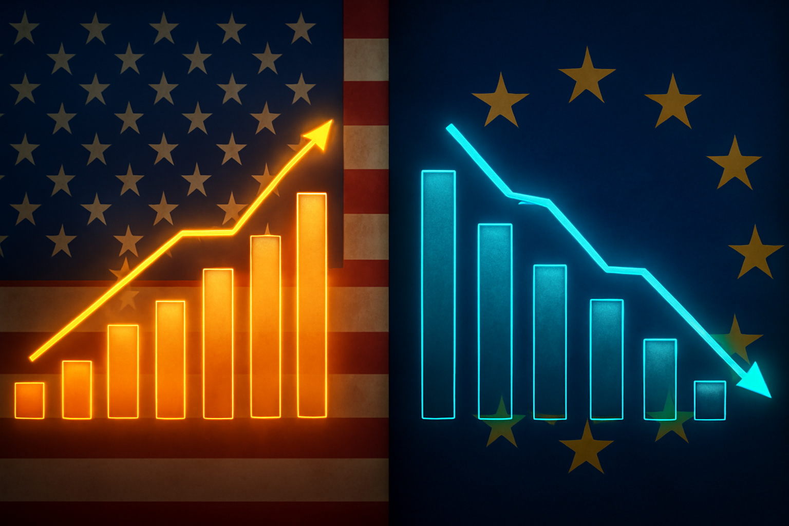 A digital image contrasting the financial performance of the U.S. and Europe, with rising U.S. bar graphs against a flag backdrop and declining European graphs with stars.