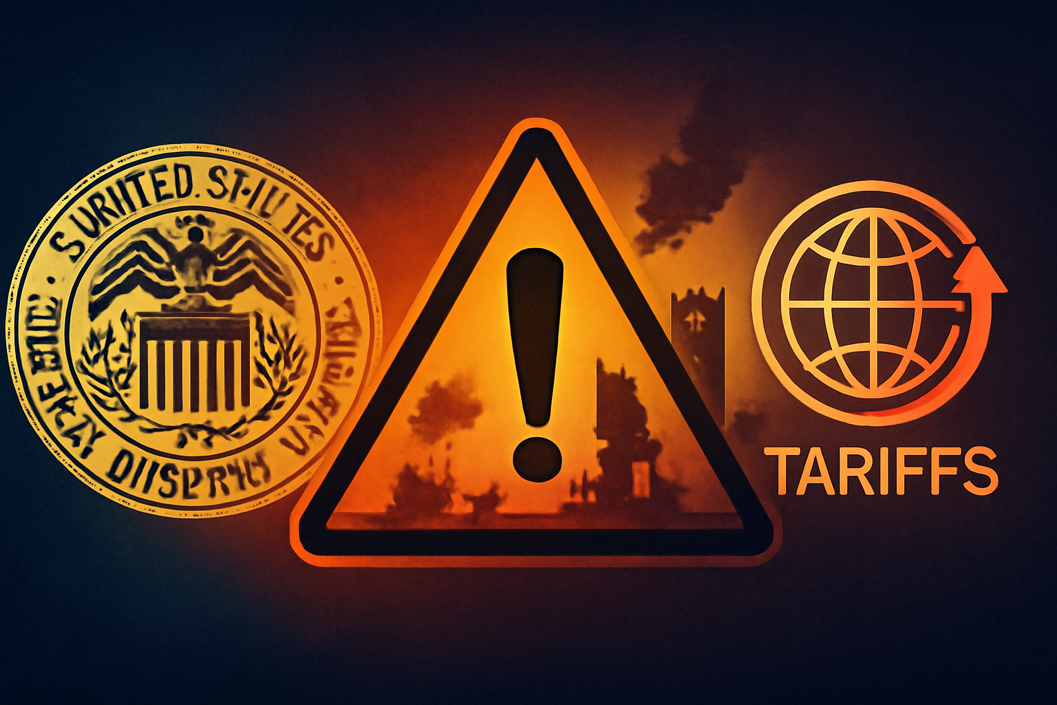 A digital illustration showing the U.S. Federal Reserve emblem, a warning triangle, and a tariff symbol, symbolizing the intersection of U.S. economic policy and global instability.