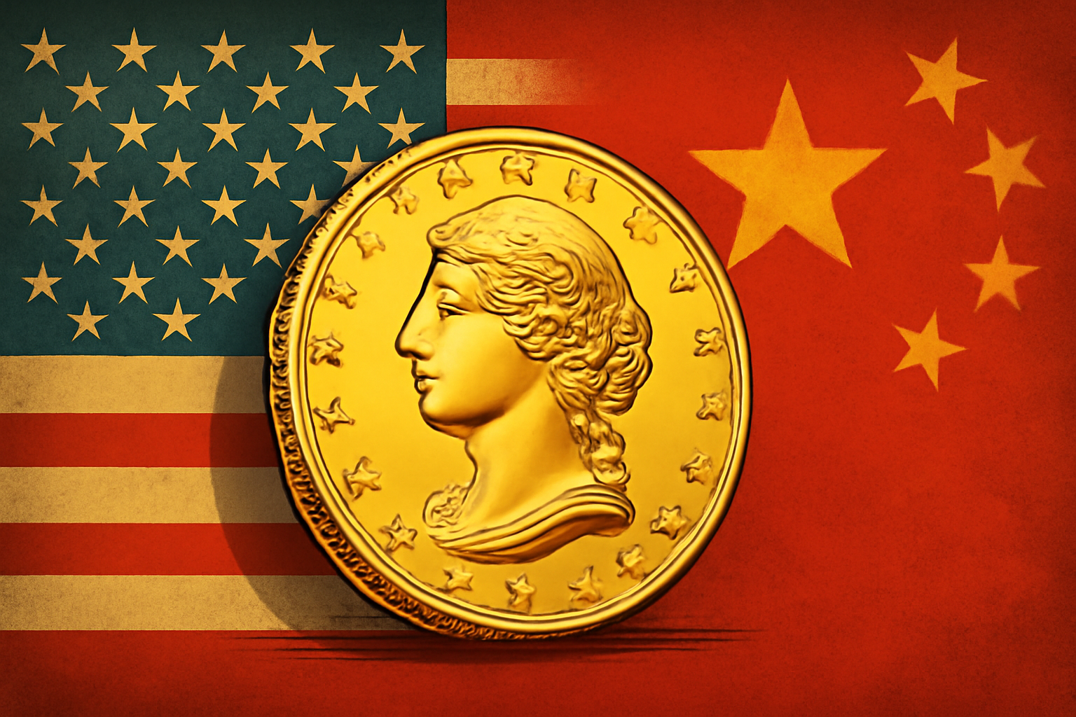 A symbolic digital illustration of a gold coin positioned between the U.S. and China flags, highlighting the geopolitical influences on gold prices.