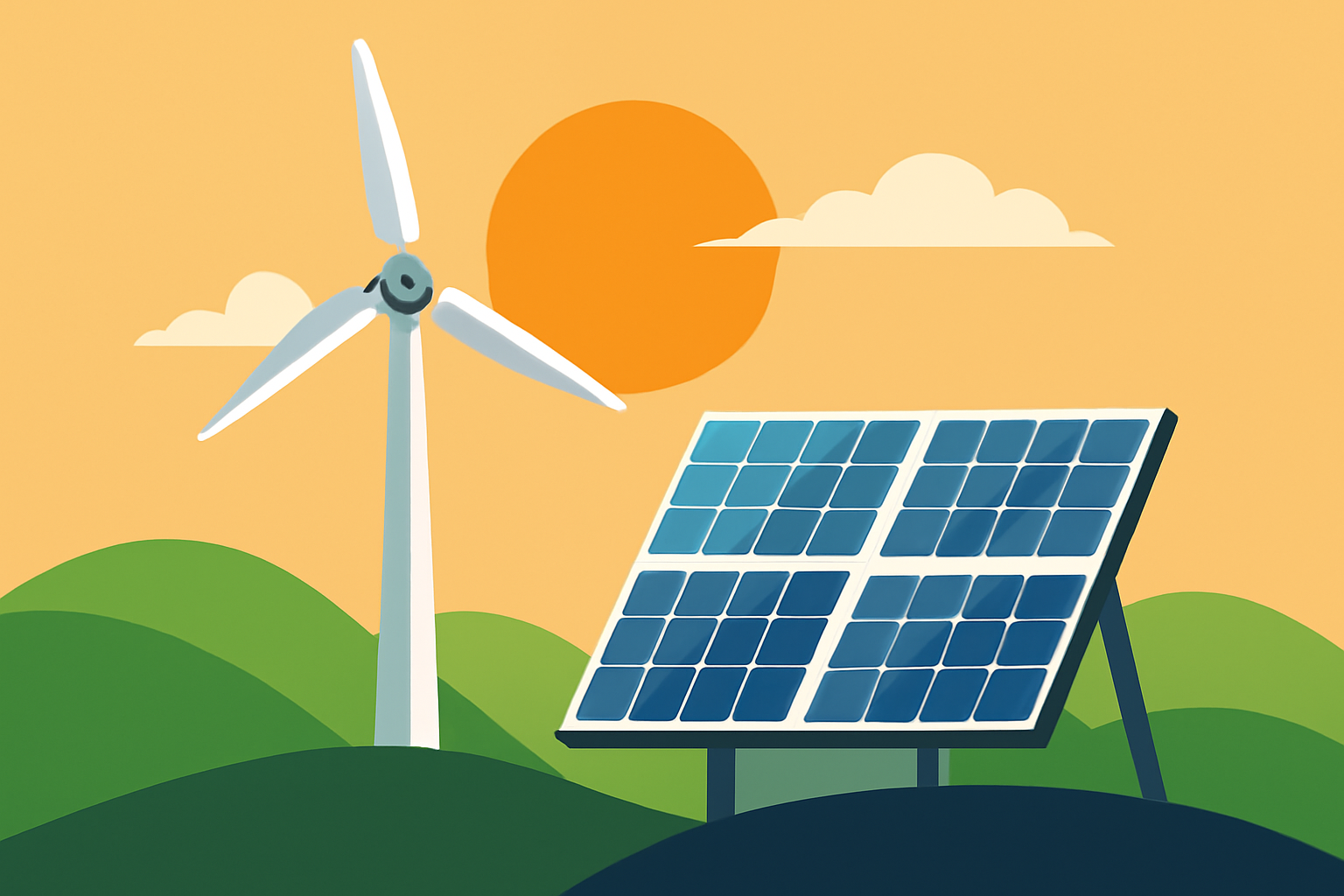A digital illustration of a wind turbine and solar panels in a serene, rolling green landscape against a warm orange sky.
