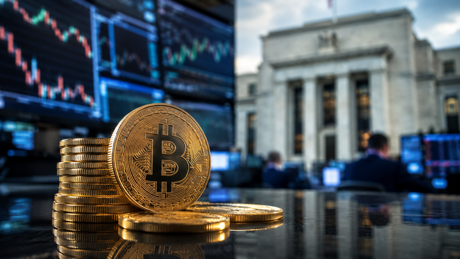Photorealistic Bitcoin coins on a trading desk with blurred market charts and a central bank building in the background.