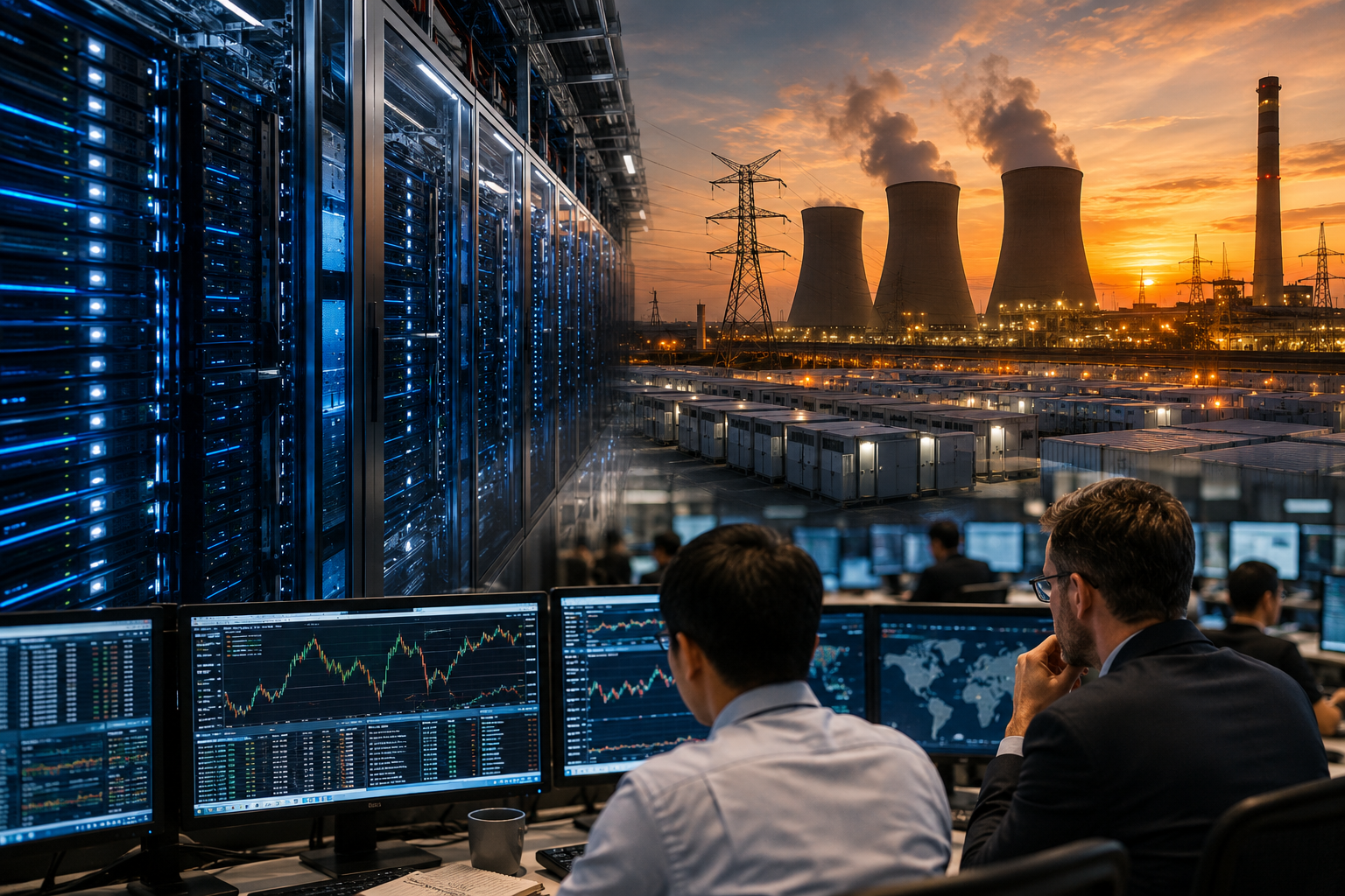Photorealistic scene of glowing data-center servers, financial market monitors, and power infrastructure symbolizing the economic impact of artificial intelligence investment.