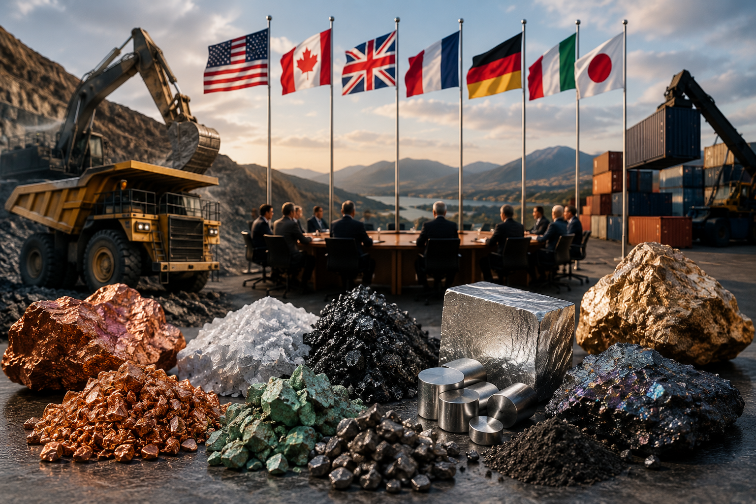 Photorealistic image of critical mineral samples, mining equipment, shipping containers, and G7 nation flags symbolizing the global race for strategic resources.