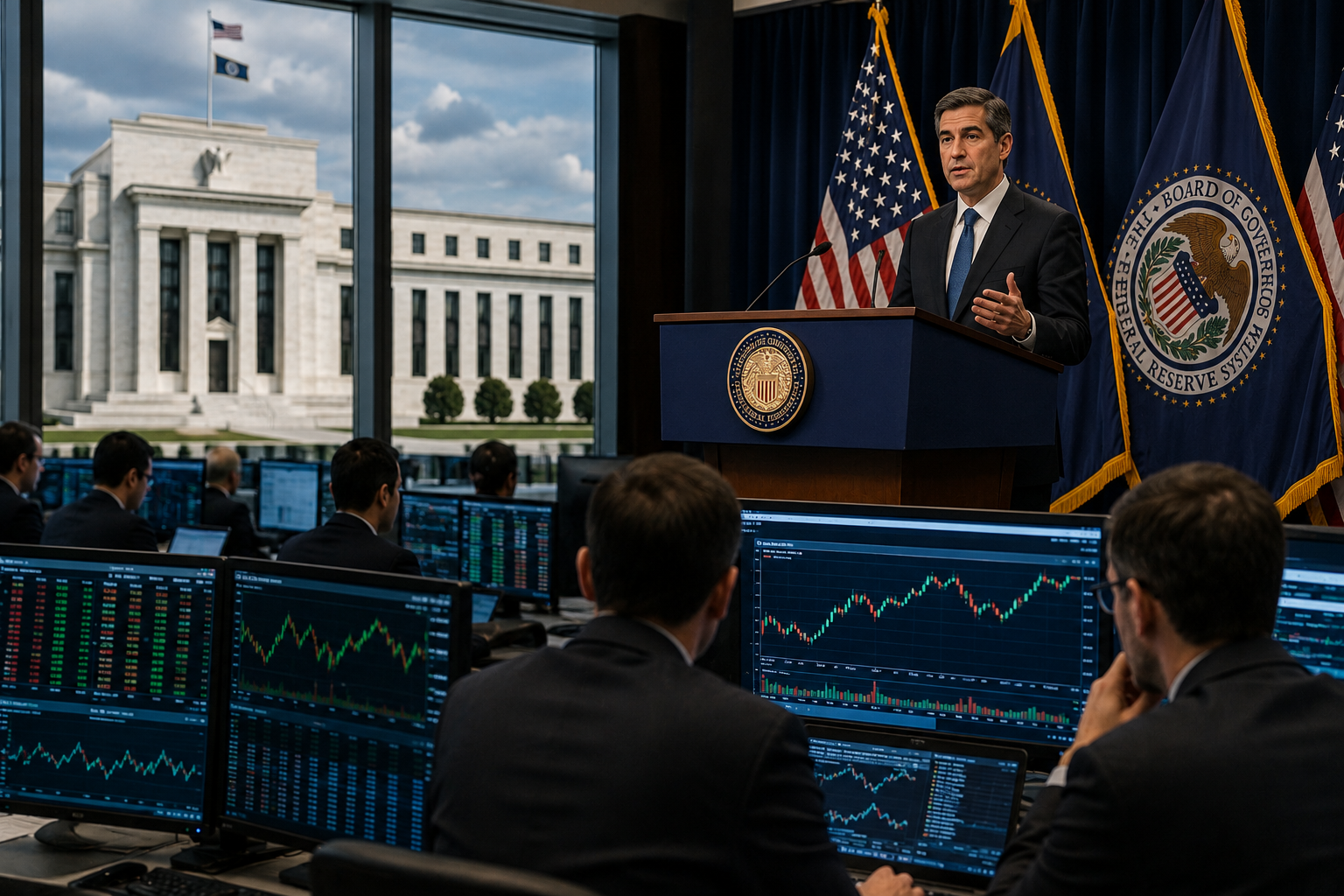 Photorealistic image of a Federal Reserve-style press briefing with financial analysts watching market screens and a central bank building visible in the background.