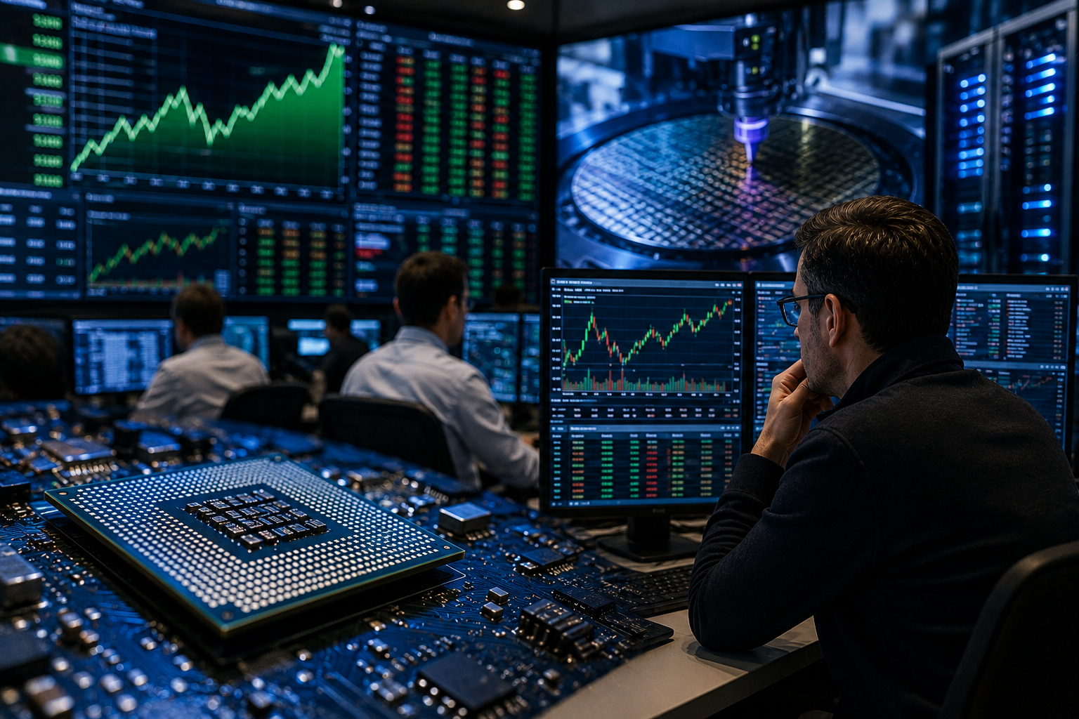 Photorealistic image of a semiconductor chip in the foreground with traders monitoring rising market charts and chip manufacturing visuals in the background.