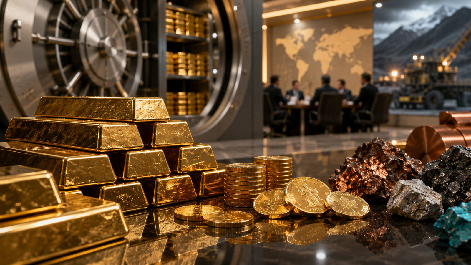 Photorealistic image of gold bars and coins in front of an open vault, with strategic mineral samples, mining equipment, and officials in the background.