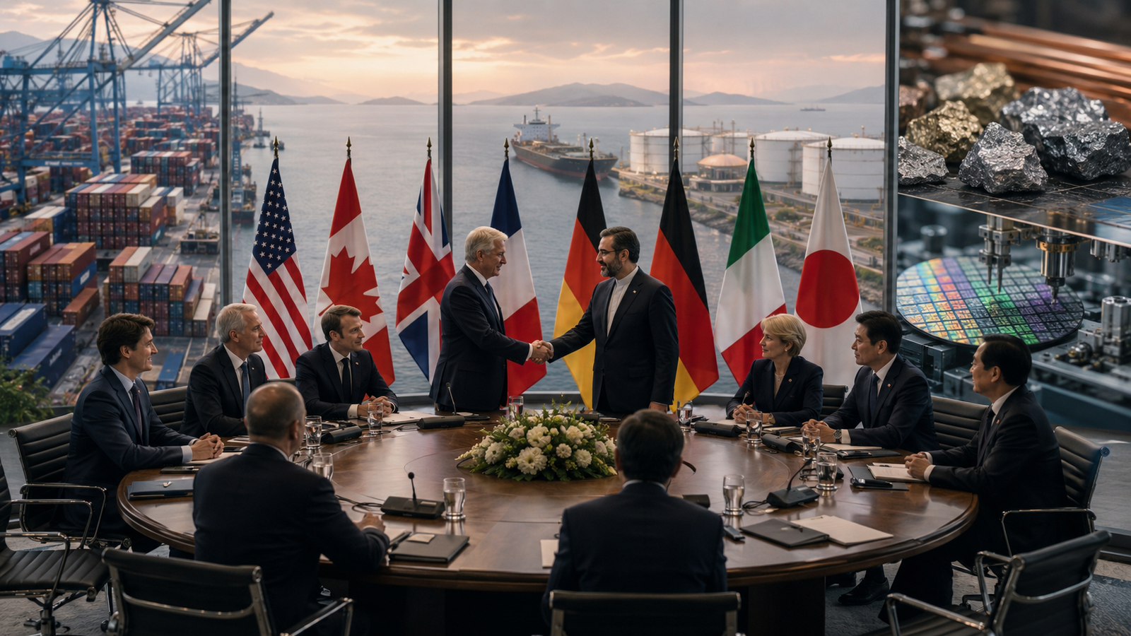 Photorealistic image of G7 leaders seated in a summit room with national flags, a diplomatic handshake, shipping ports, energy infrastructure, semiconductor wafers, and critical minerals in the background.