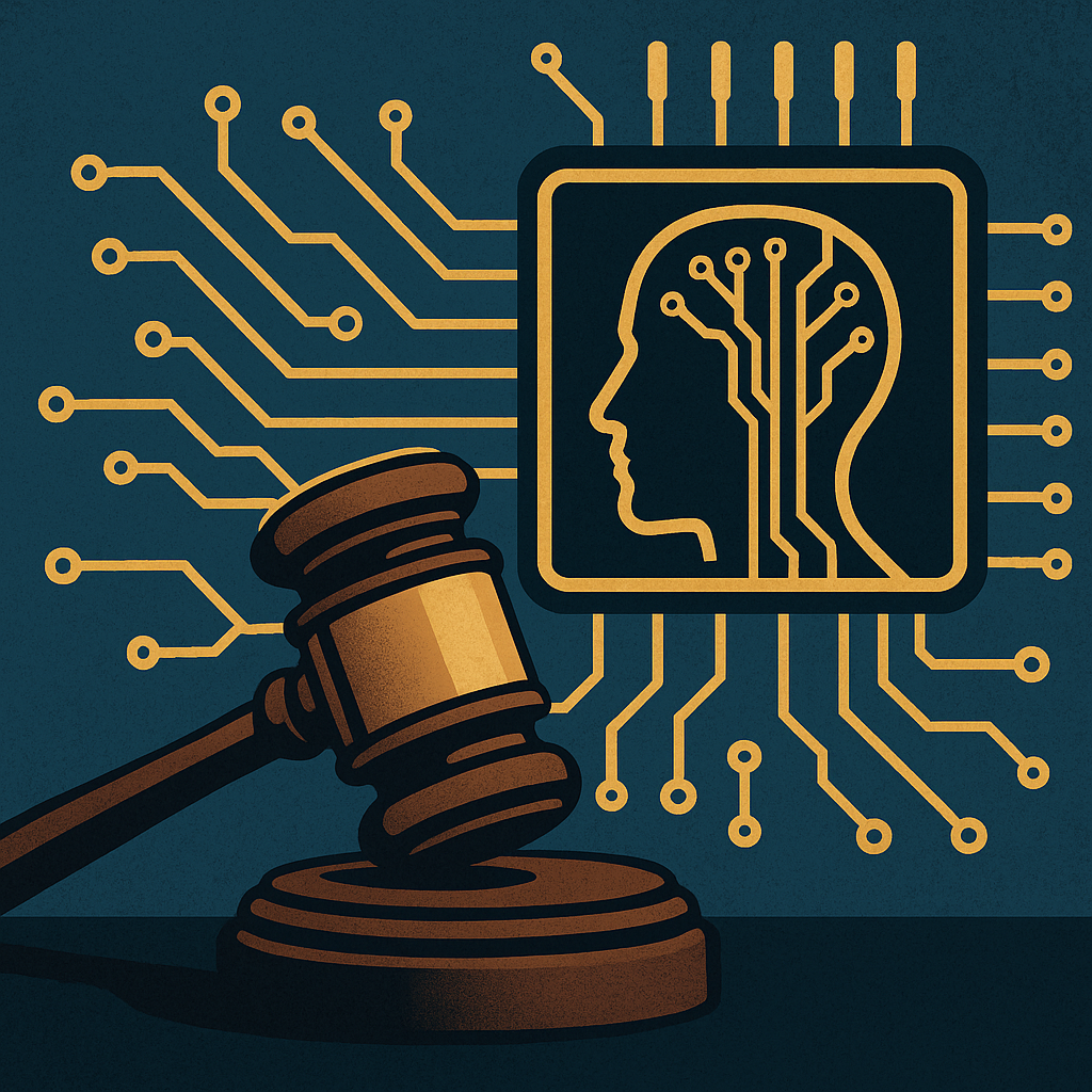 Illustration of a judge’s gavel next to a golden microchip with a human head circuit design, symbolizing AI regulation.