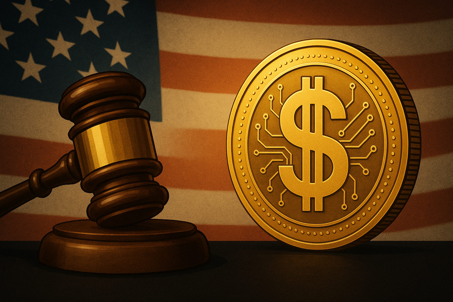 A digital illustration featuring a wooden judge’s gavel beside a golden coin with a dollar symbol and circuit design, set against a blurred U.S. flag background.