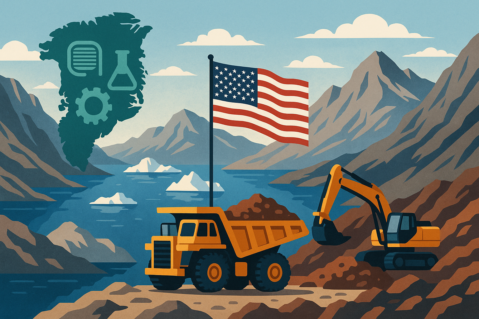 Illustration of mining activity in Greenland’s mountainous Arctic landscape, with U.S. flag, dump truck, excavator, fjords, icebergs, and symbolic rare-earth icons.