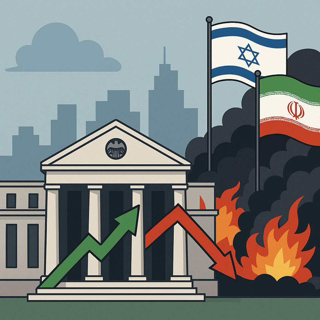 Illustration of the U.S. Federal Reserve building with arrows showing market volatility and Israeli-Iranian flags above rising smoke and fire.