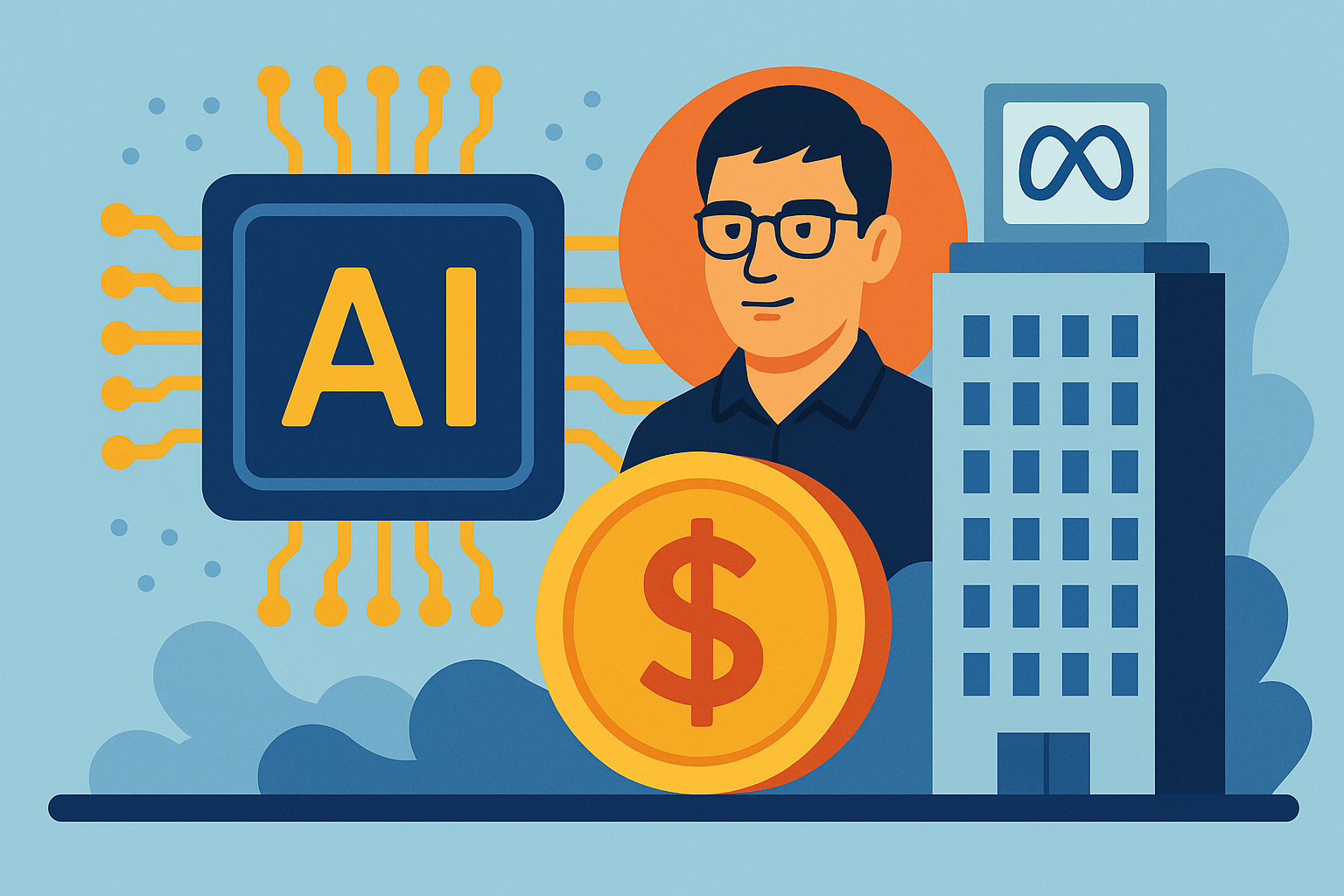 Illustration featuring an AI microchip, a businessman with glasses, a golden dollar coin, and a skyscraper with the Meta logo.