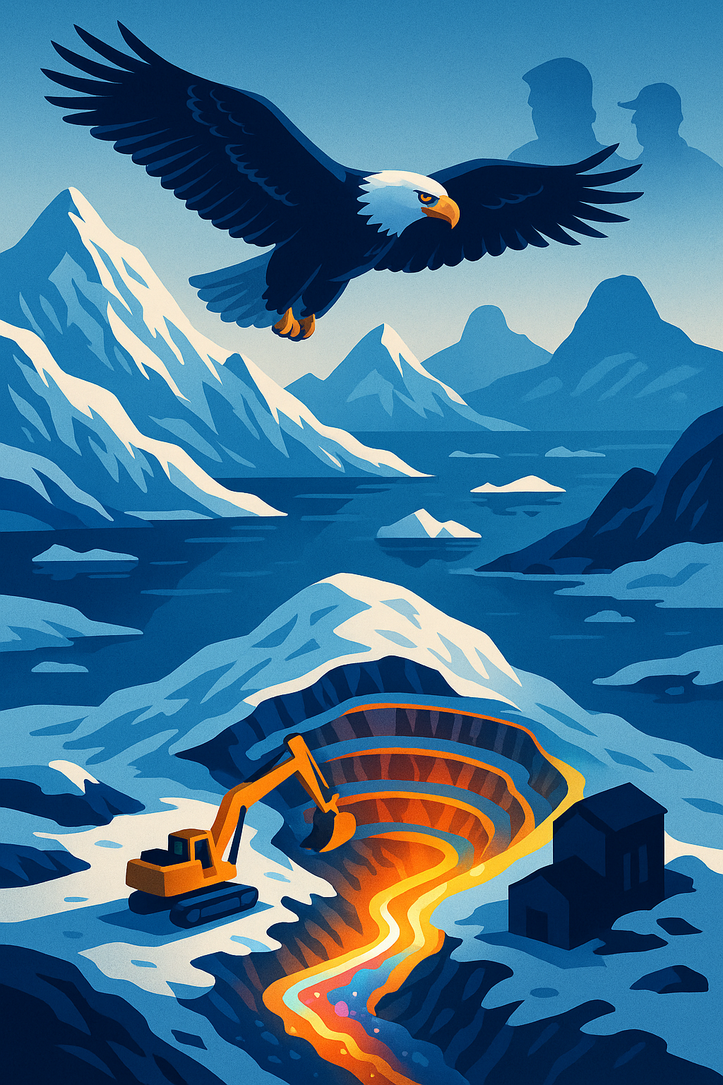 A symbolic illustration showing a bald eagle soaring above an Arctic mining site with glowing mineral veins, snowy mountains, and two shadowy silhouettes in the background.