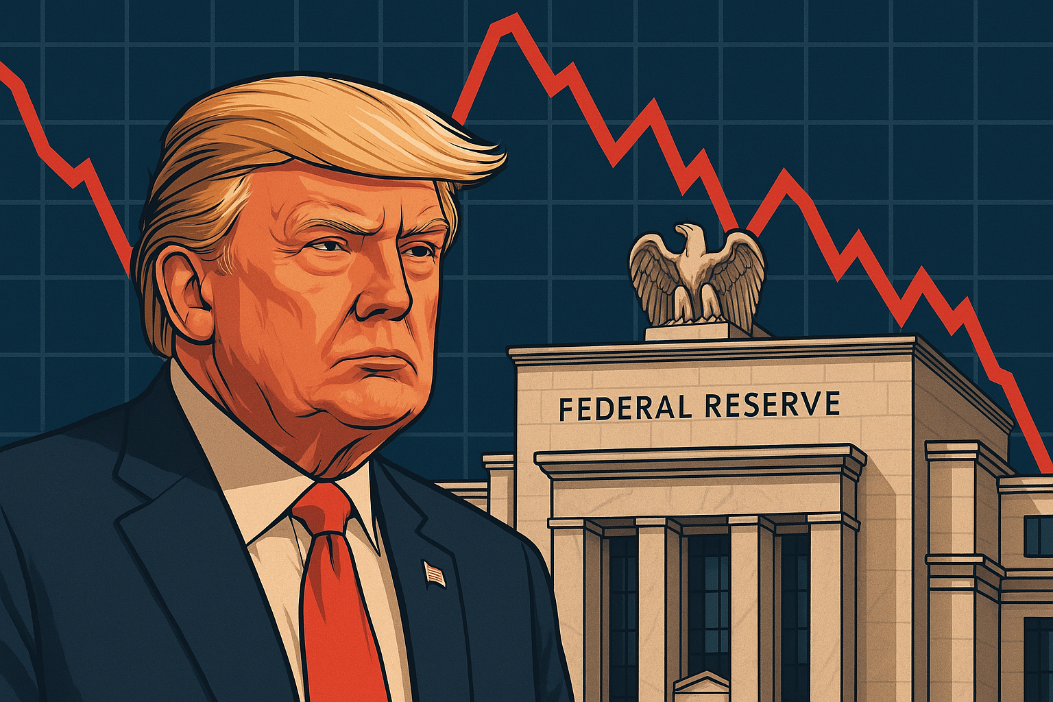 Illustration of Donald Trump beside the Federal Reserve building with a red downward stock chart in the background.