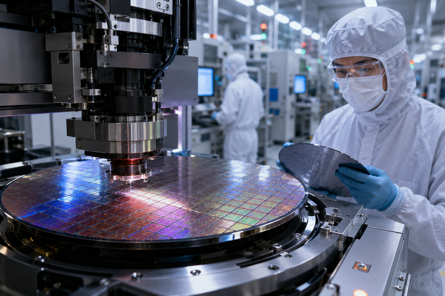 A photorealistic semiconductor cleanroom scene showing a technician inspecting silicon wafers beside advanced chip manufacturing equipment, symbolizing U.S. AI infrastructure and domestic semiconductor production.