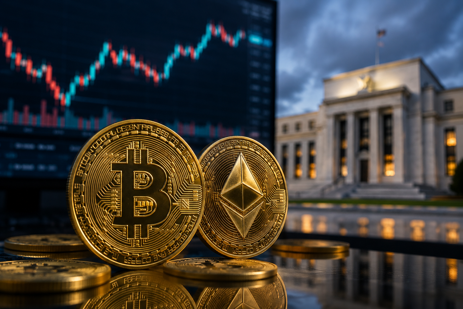 Photorealistic Bitcoin and Ethereum coins on a reflective trading desk with a blurred market chart and Federal Reserve-style building in the background, symbolizing crypto market resilience under tighter monetary policy.