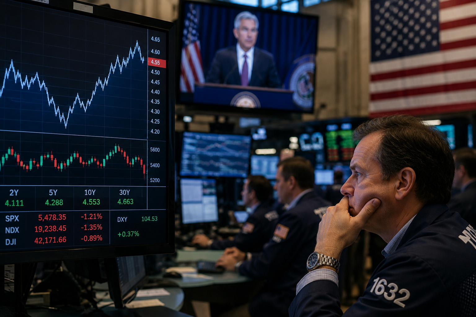 A photorealistic trading floor scene showing traders watching Treasury yield charts, stock market data, and a Federal Reserve-style press conference on background screens.
