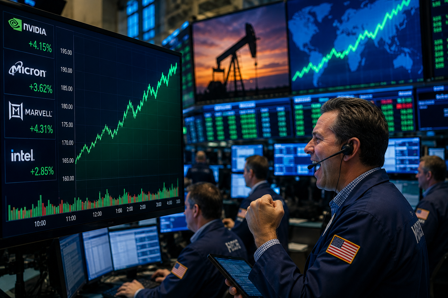 A photorealistic trading floor scene showing upbeat traders watching green technology stock charts, semiconductor market data, and oil market visuals on large financial screens.