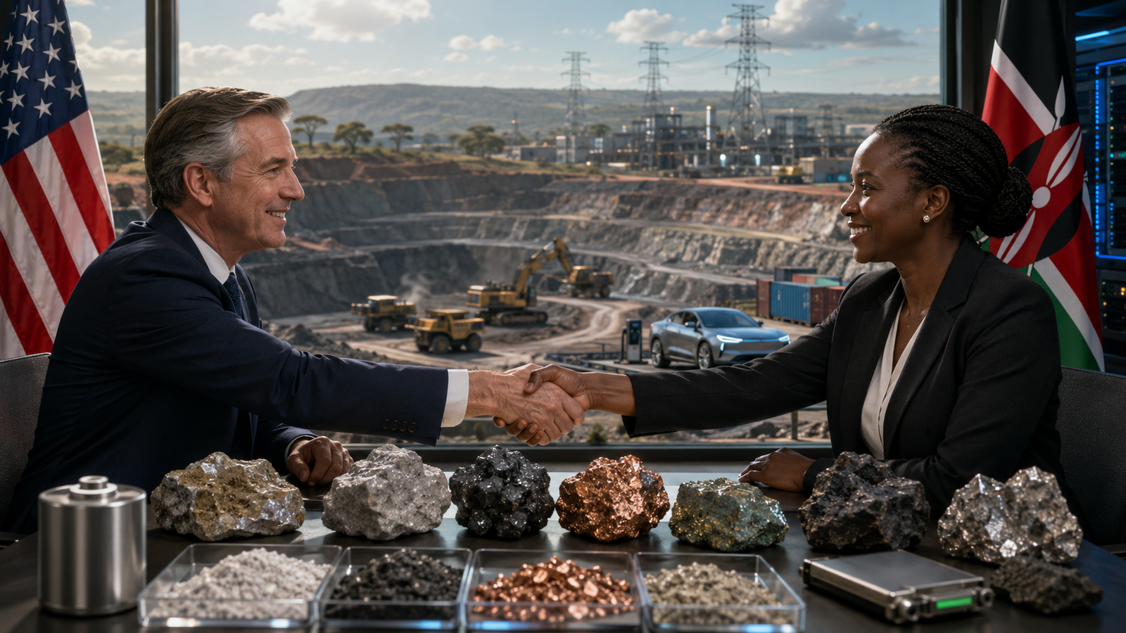 A photorealistic scene showing U.S. and Kenyan business officials shaking hands over samples of critical minerals, with a mining site, power infrastructure, and clean-energy technology in the background.
