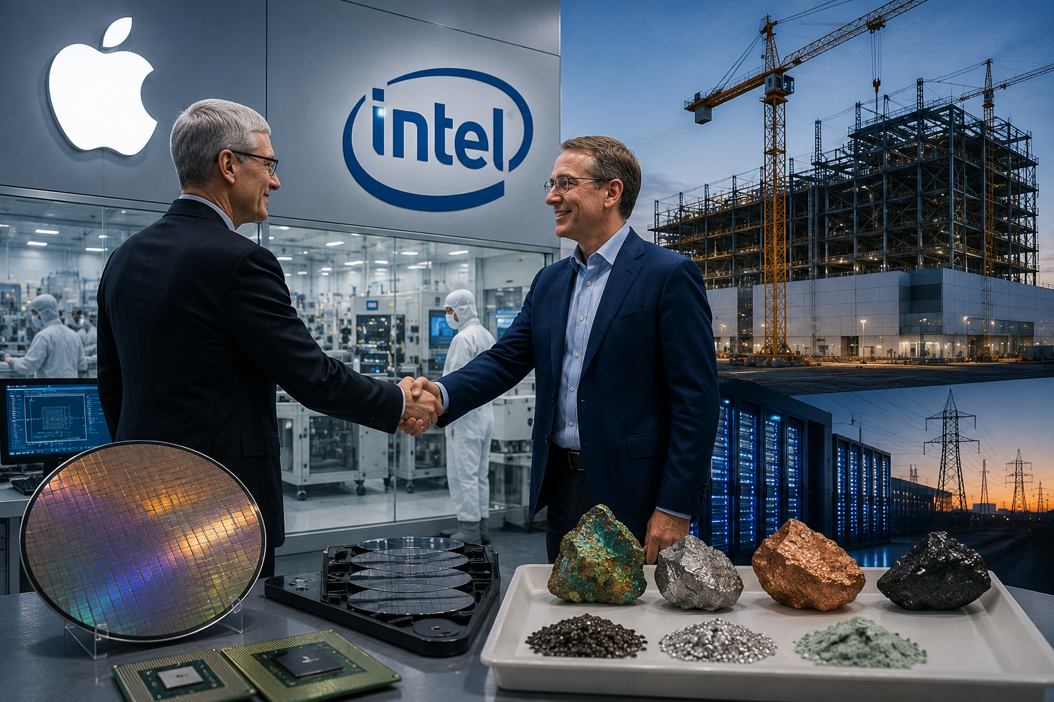A photorealistic corporate technology scene showing two executives shaking hands inside a semiconductor facility, with silicon wafers, chip components, data-center servers, power infrastructure, and manufacturing construction in the background.
