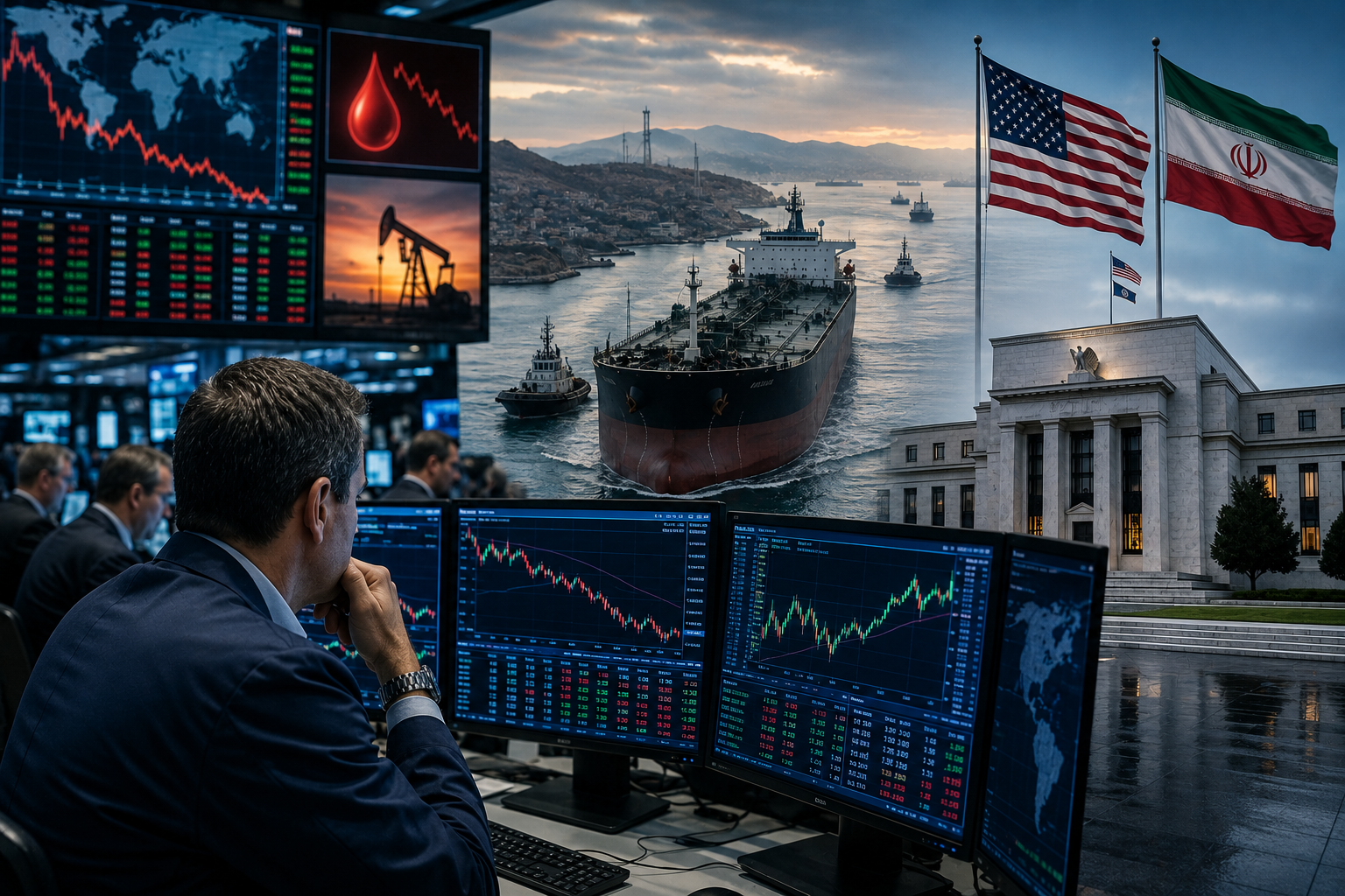 A photorealistic financial markets scene showing a trader watching oil price charts, global market screens, tanker ships, U.S. and Iranian flags, and a Federal Reserve-style building in the background.
