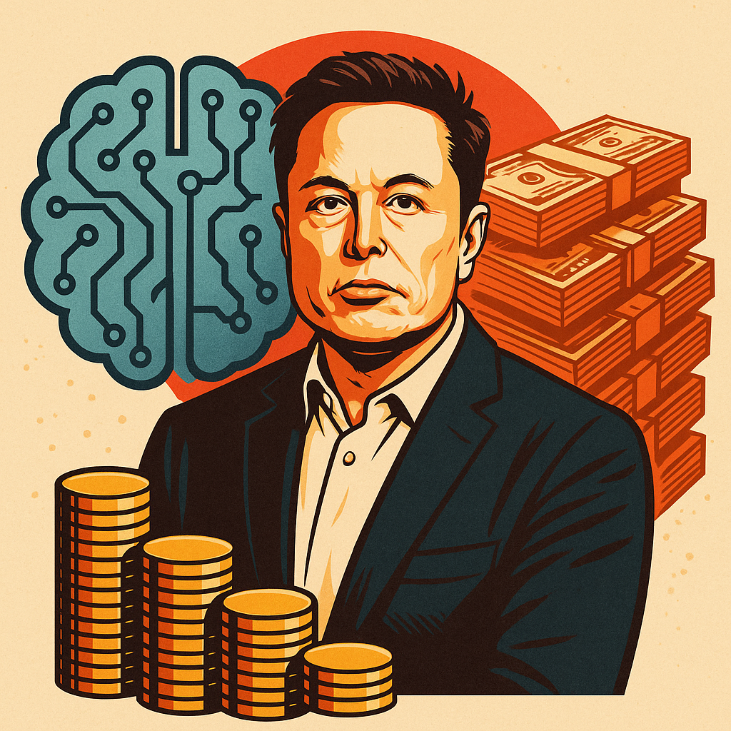Illustration of Elon Musk surrounded by an AI brain icon, stacks of money, and rising gold coins, symbolizing investment in artificial intelligence.