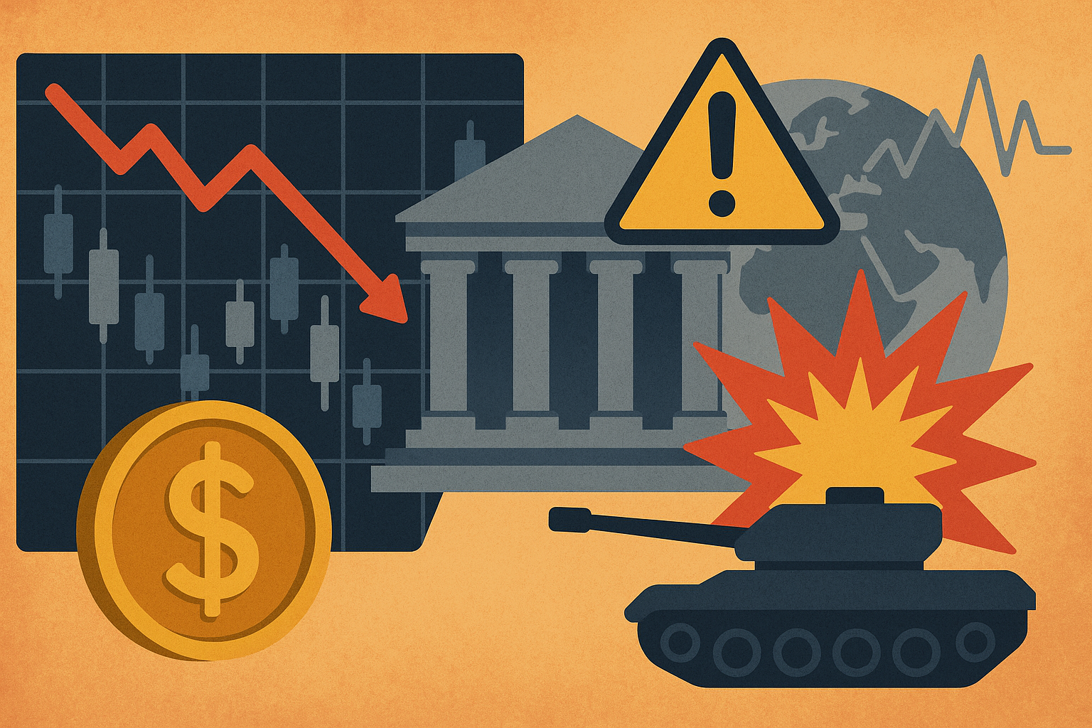 An illustrated image showing a declining stock chart, a U.S. Federal Reserve building with a caution sign, and a military tank with an explosion, symbolizing market volatility and geopolitical risk.