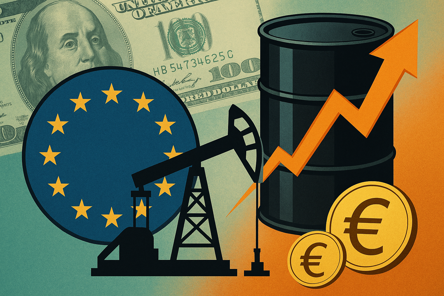Illustration of a euro symbol, oil pumpjack, barrel, EU flag, U.S. dollar, and upward arrow representing currency and commodity shifts