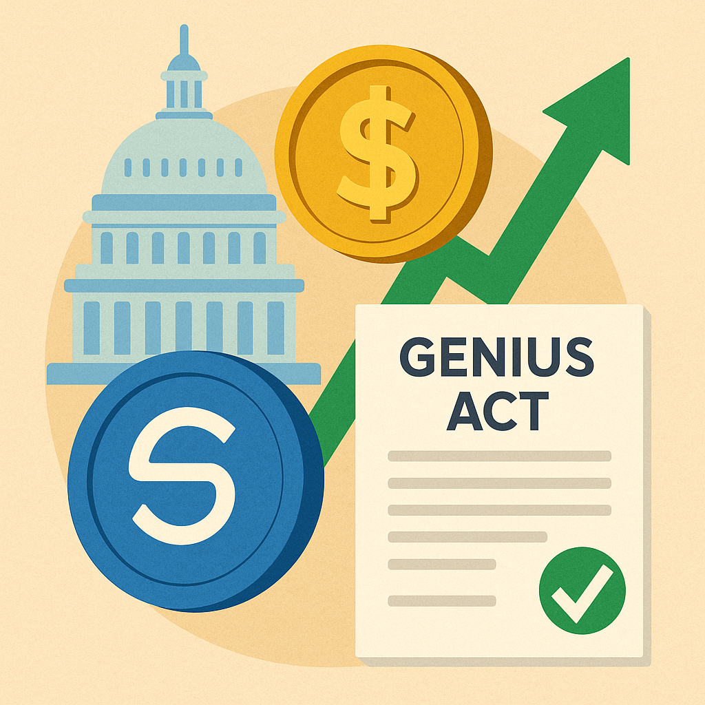 Illustration showing U.S. Capitol, a stablecoin icon, dollar coin, upward arrow, and a legal document labeled “GENIUS Act” with a green approval checkmark