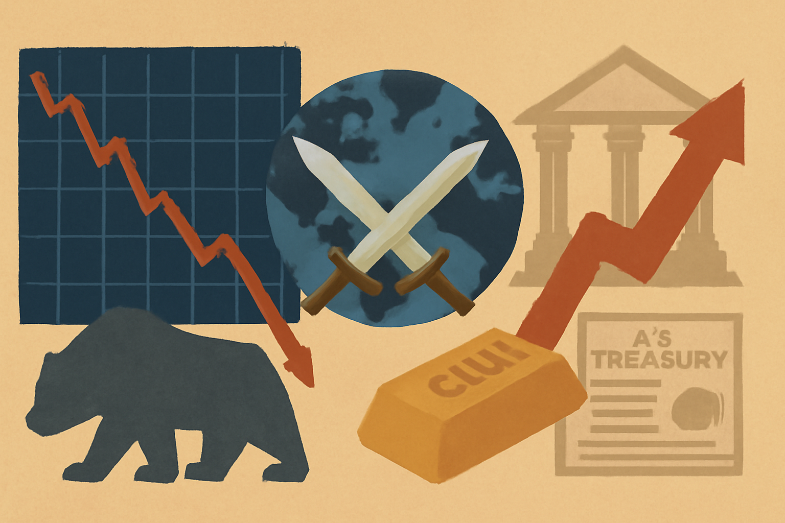 Illustration showing a red downward stock chart, a globe with crossed swords symbolizing conflict, a central bank icon with an upward arrow, and safe-haven assets like gold and Treasury bonds.