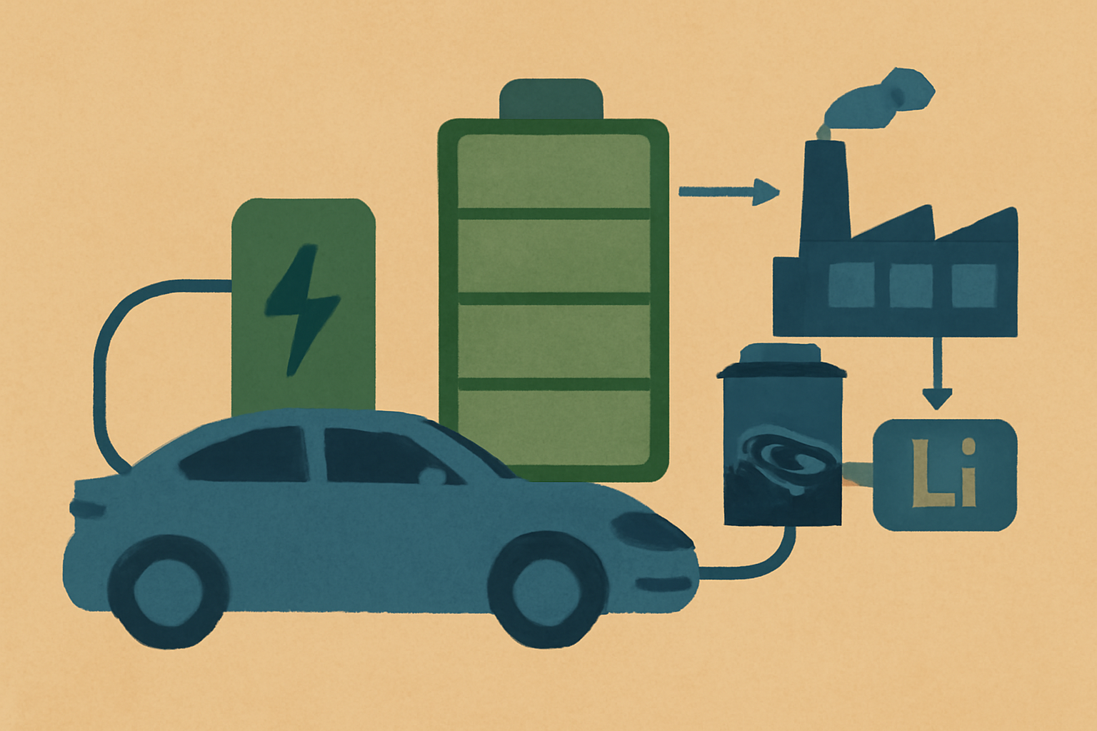 Symbolic illustration showing an electric vehicle charging, a green battery icon, and a factory extracting lithium from brine, representing the shift to direct lithium extraction for EV batteries.