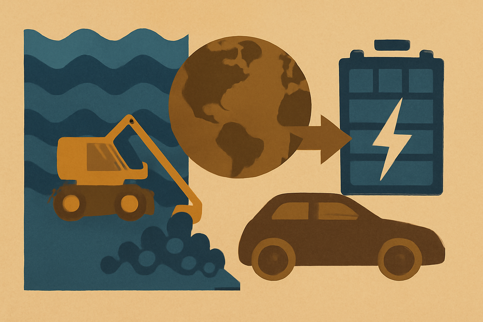 Symbolic illustration showing a deep-sea mining rover collecting nodules, with Earth at the center and an arrow pointing toward an EV battery and electric car, depicting the flow of ocean-mined metals into green energy.
