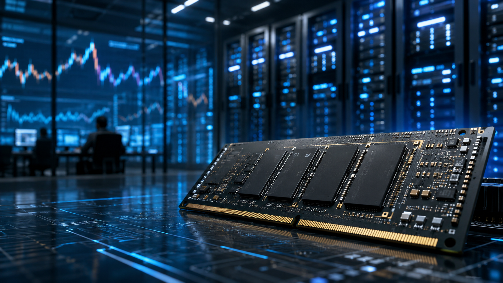 A high-bandwidth memory chip sits in front of glowing data-center servers and abstract market charts, symbolizing investor focus on AI infrastructure demand.