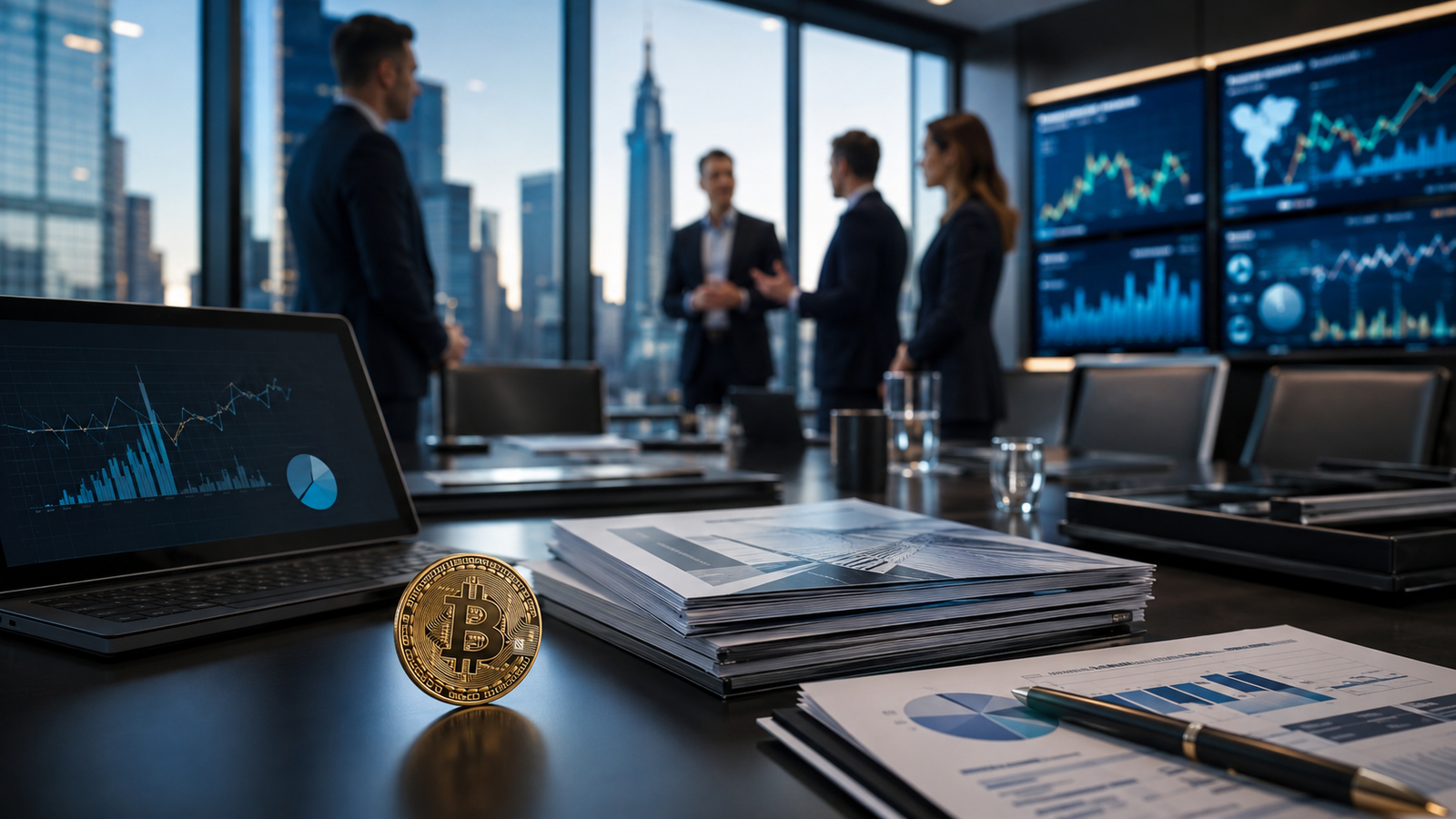 A gold Bitcoin token sits on a boardroom table beside financial reports and market dashboards as investment professionals discuss institutional crypto adoption.