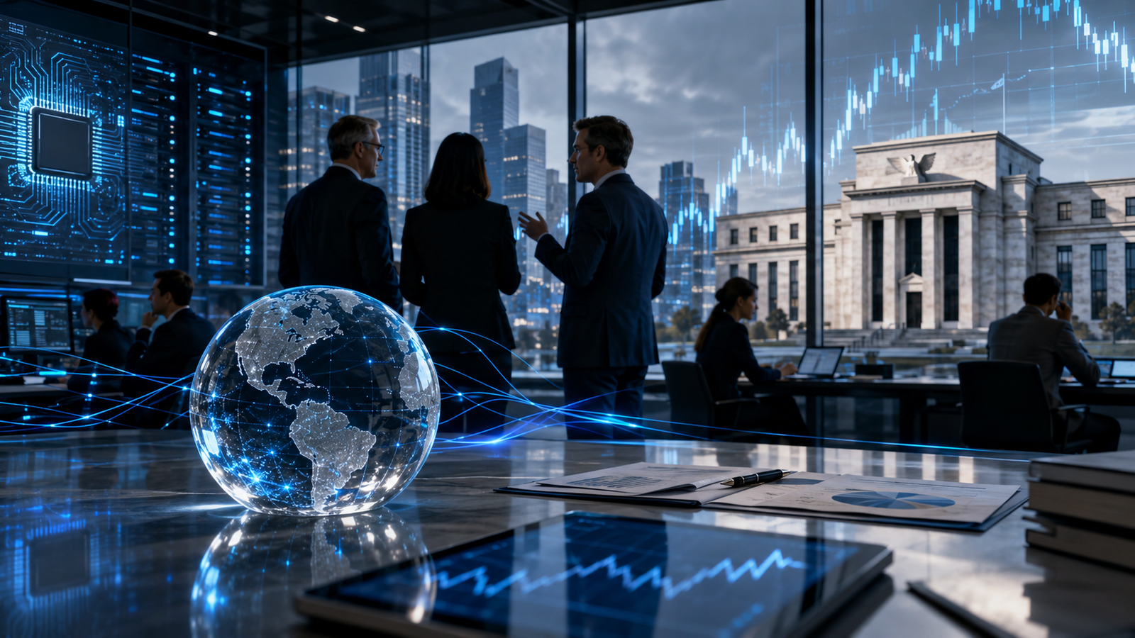 Investors stand in a high-tech trading room with a glowing global market sphere, AI server visuals, abstract stock charts, and a central bank building in the background.
