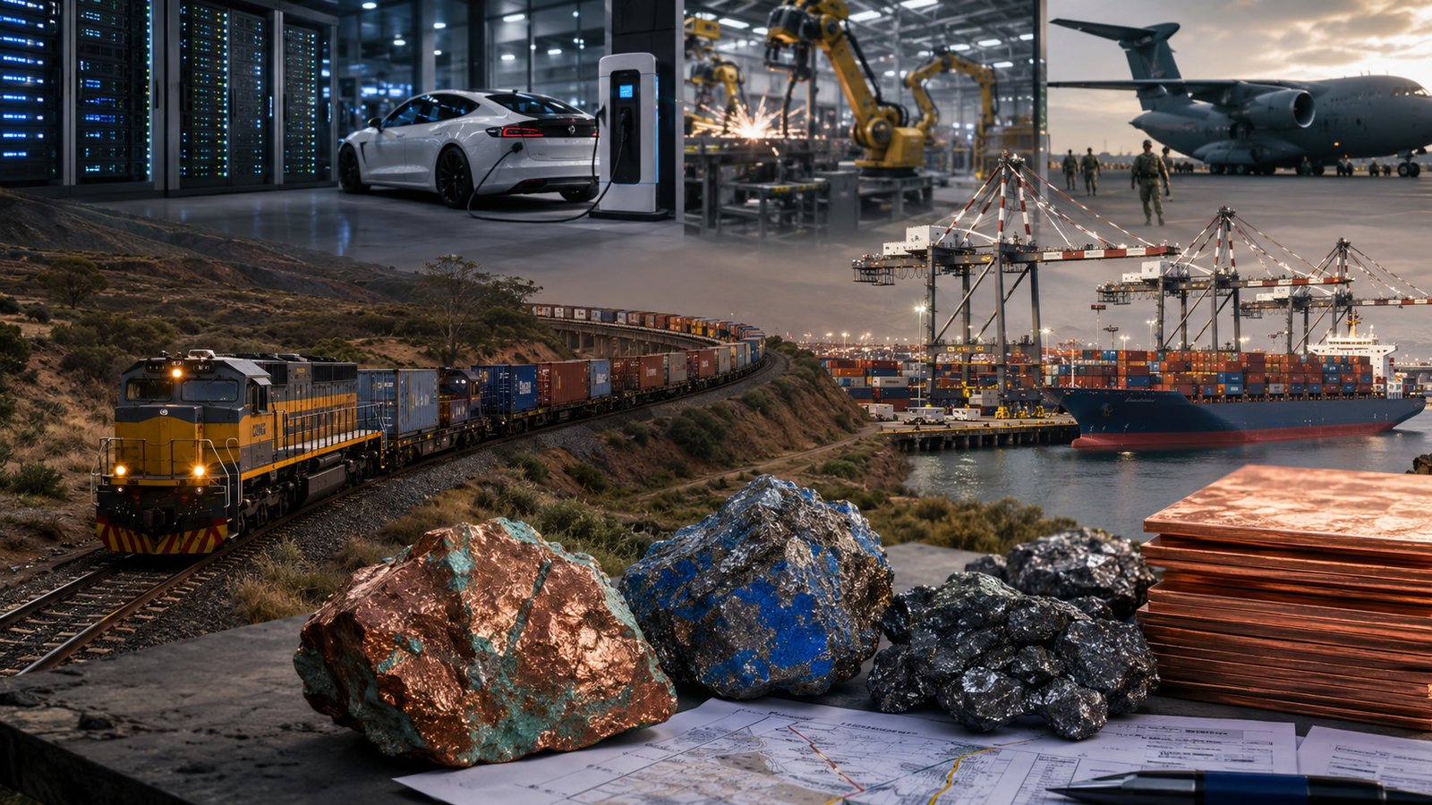 Copper and cobalt mineral samples sit in front of a freight rail corridor, port cranes, cargo ship, data center, electric vehicle, factory robots, and defense aircraft.