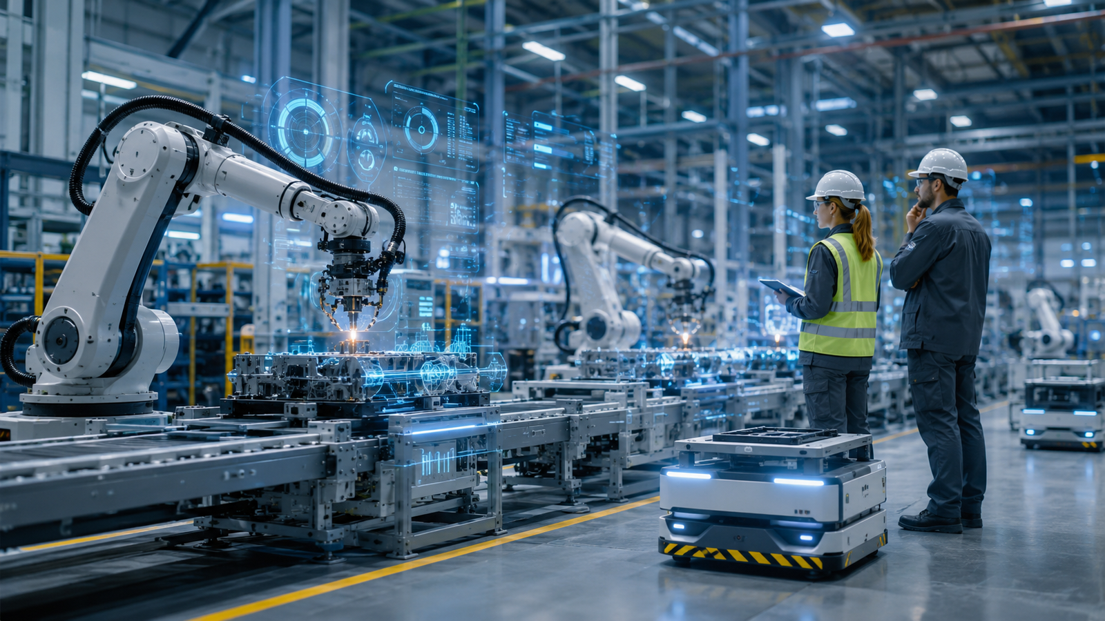 Robotic arms operate on an automated factory production line while two engineers in hard hats monitor digital holographic data displays.